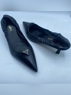 Prada Black Leather Triangle Logo Pointed-Toe Kitten Heel Pumps